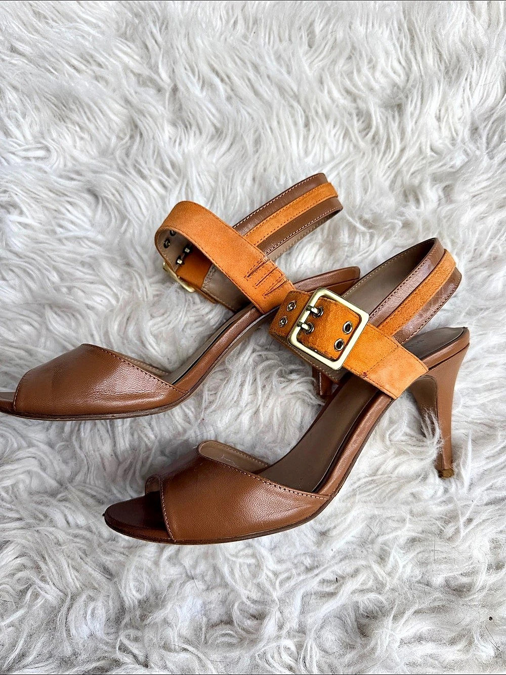 Sole Society Two-Tone Buckle Heels in Brown & Orange